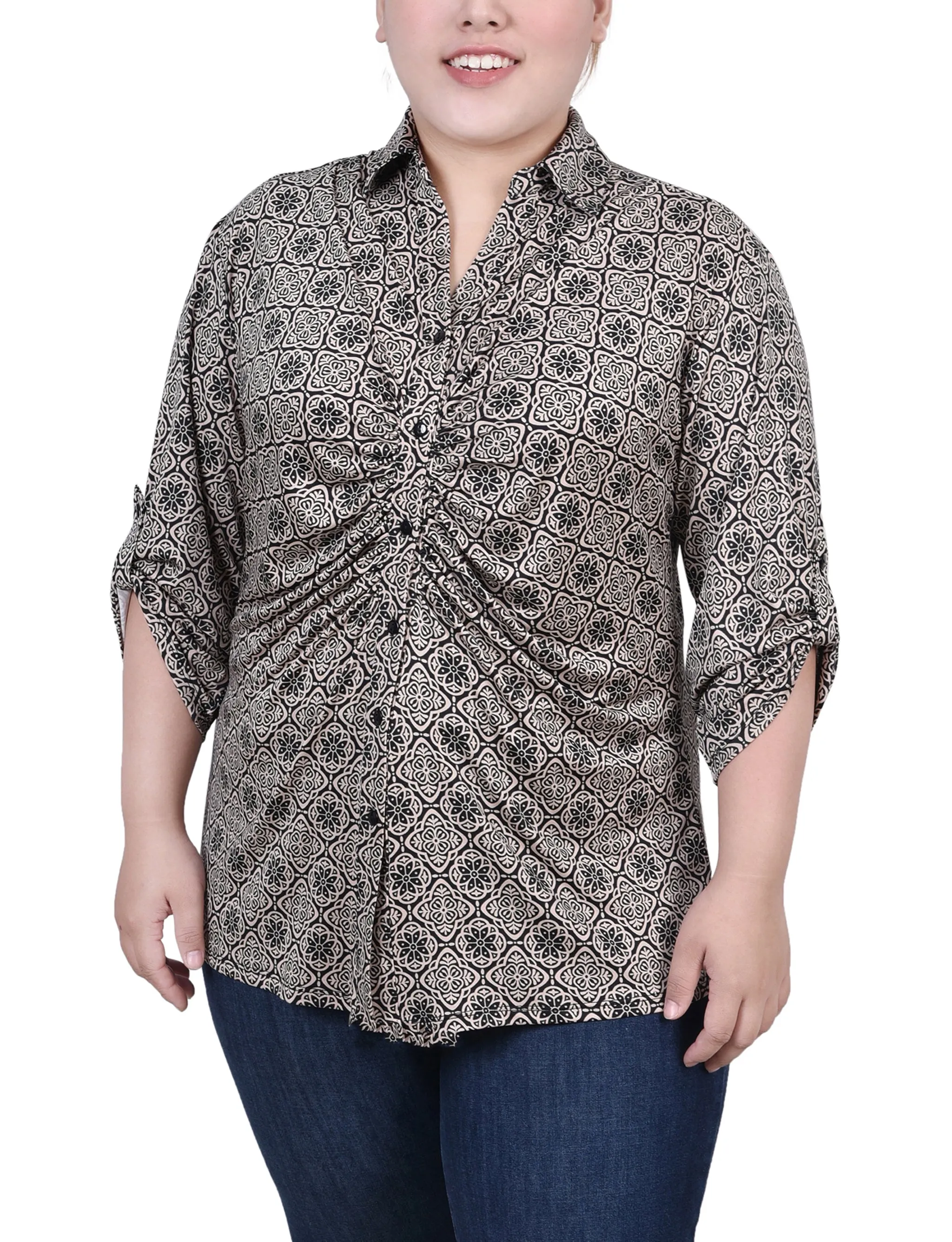 CrossBackDesign LoopwheelFabric Plus Size 3/4 Roll Tab Rouched-Front Top