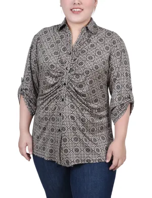 SeamlessDesign Plus Size 3/4 Roll Tab Rouched-Front Top