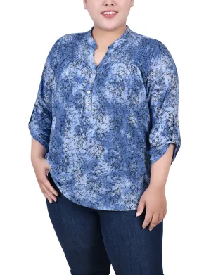 Hypoallergenic Fiber Formal Wear Plus Size 3/4 Roll Tab Sleeve Smocked-Yoke Top