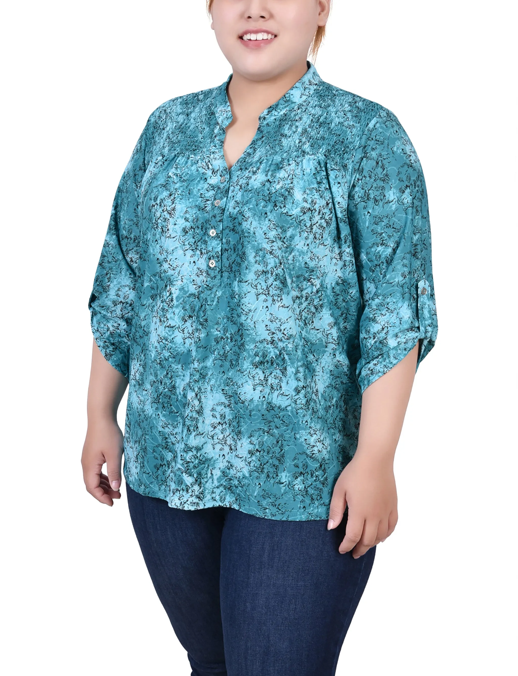 Weighted Hem Trim OdorResistantFinish Plus Size 3/4 Roll Tab Sleeve Smocked-Yoke Top