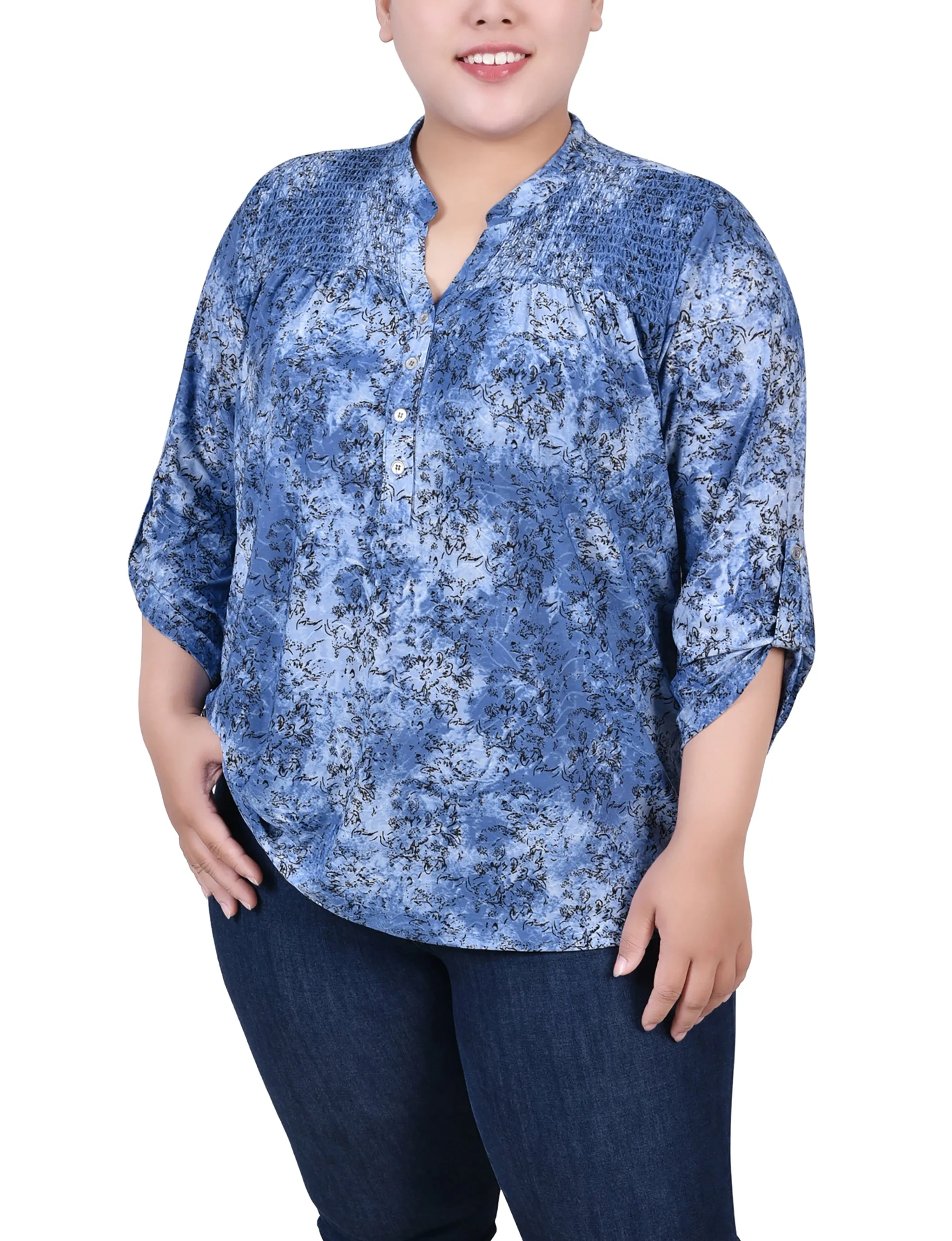 Hypoallergenic Fiber Formal Wear Plus Size 3/4 Roll Tab Sleeve Smocked-Yoke Top