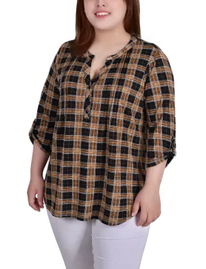 Plus Size 3/4 Roll Tab Sleeve Y Neck Top Overlock Edging Anti Bacterial Layer