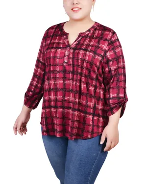 Plus Size 3/4 Roll Tab Sleeve Y Neck Top ReinforcedShoulders Relaxed Design