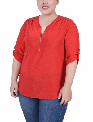 Warm Hoodie Plus Size 3/4 Roll Tab Zip Front Jacquard Knit Top