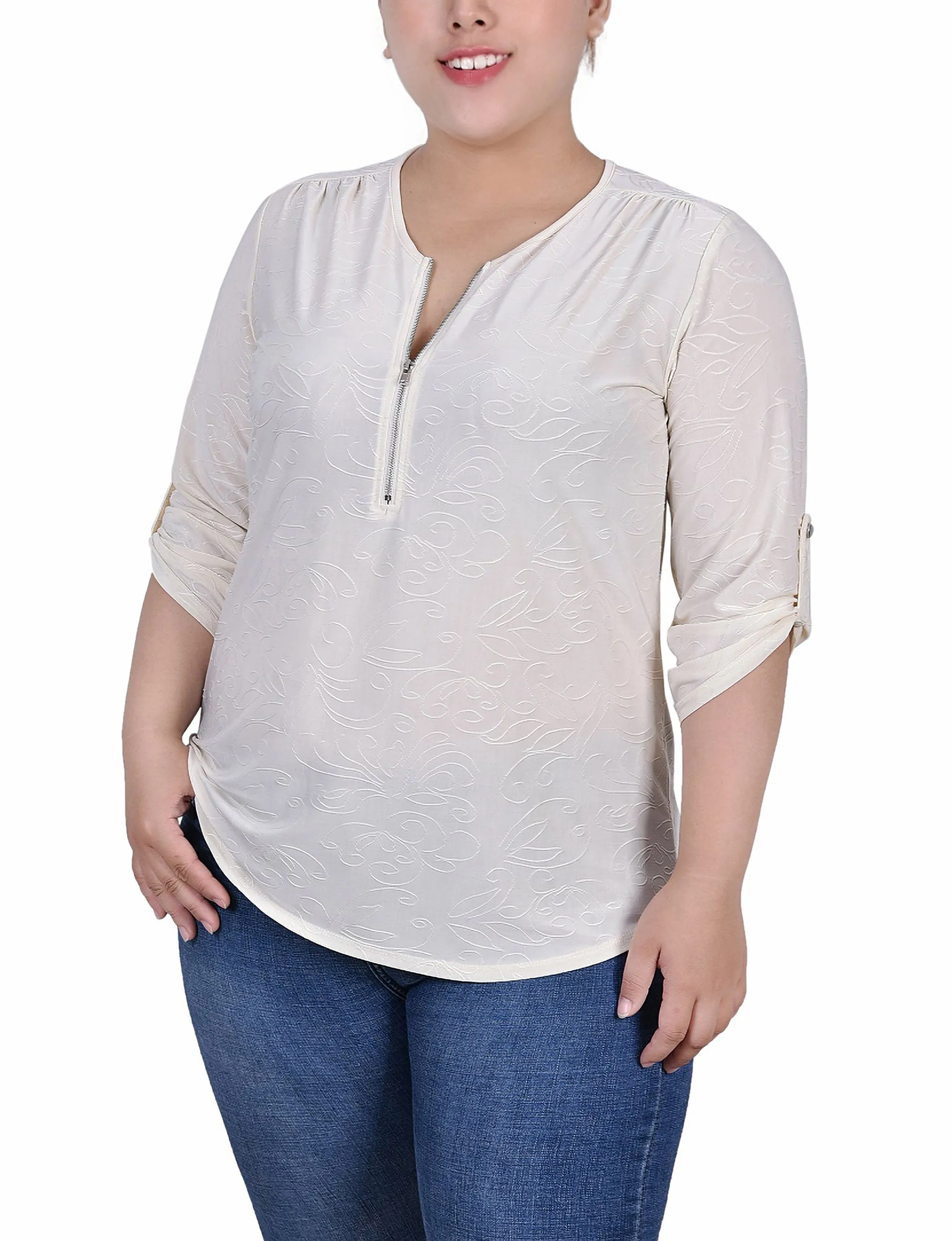 Bound Seam Edges Plus Size 3/4 Roll Tab Zip Front Jacquard Knit Top