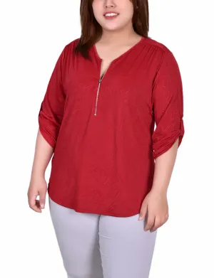 Plus Size 3/4 Roll Tab Zip Front Jacquard Knit Top Basic Tee