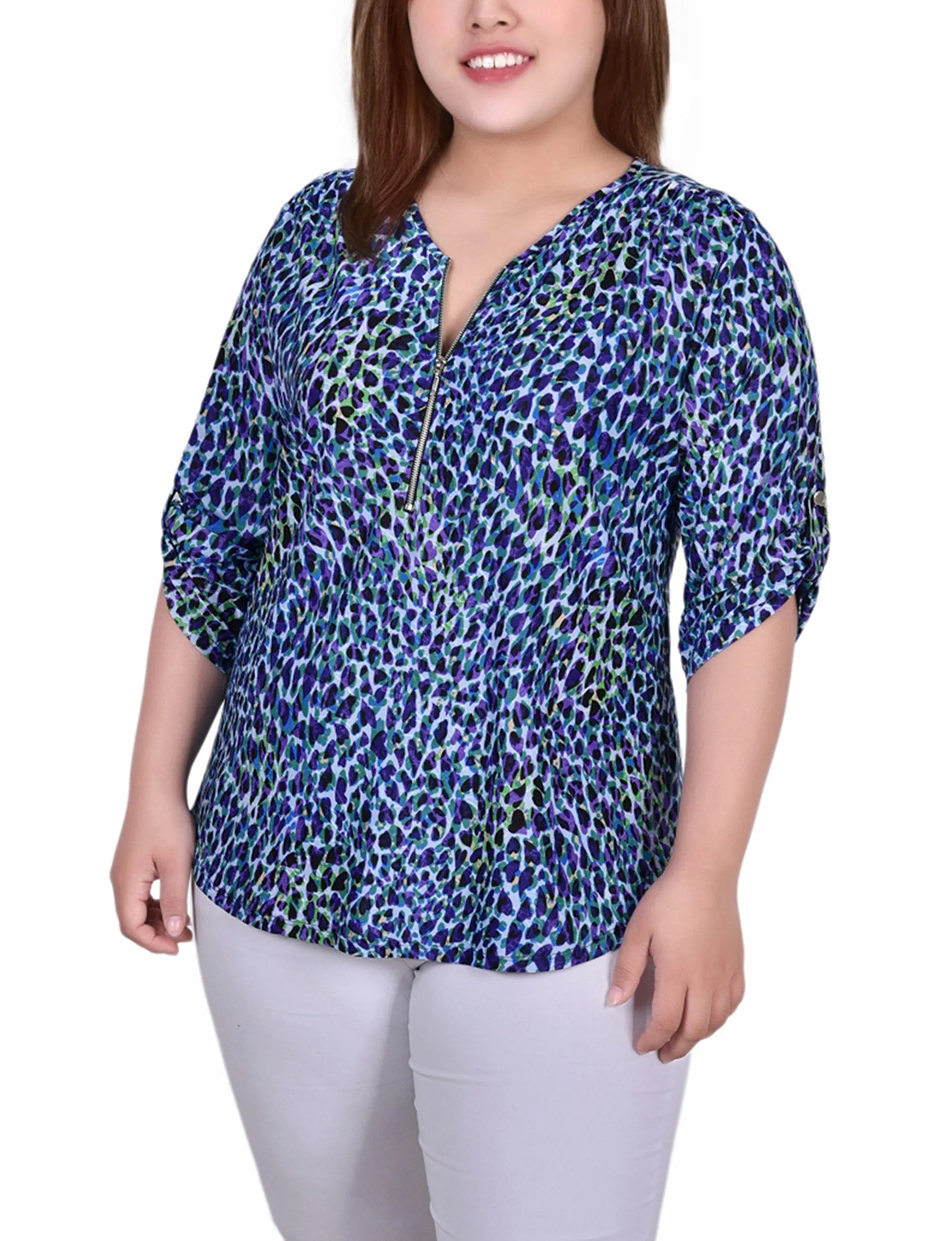 Plus Size 3/4 Roll Tab Zip Front Jacquard Knit Top HiddenVentilationPockets