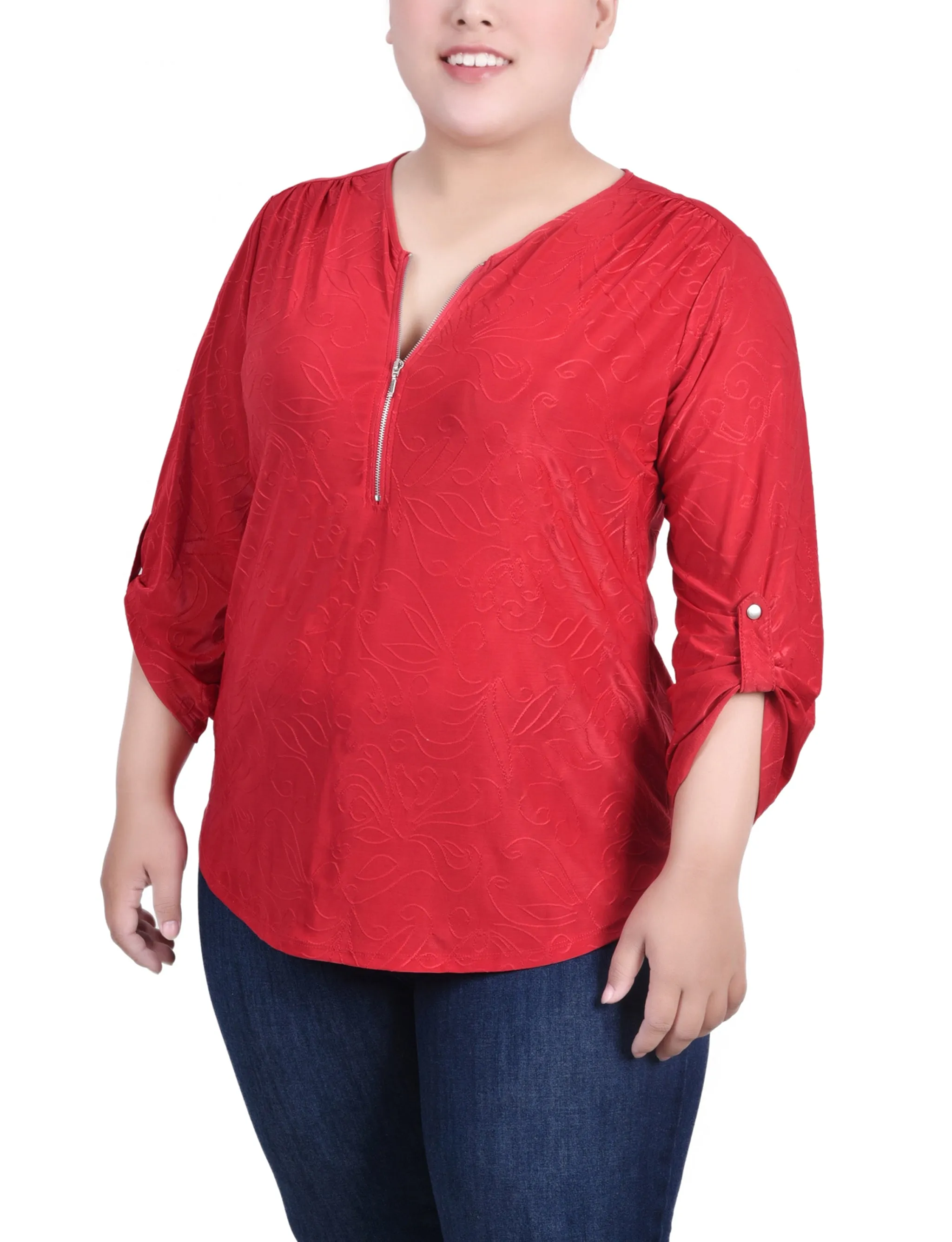 Non Slip Shoulder Seams Plus Size 3/4 Roll Tab Zip Front Jacquard Knit Top