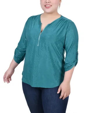 ZeroWaste Construction Plus Size 3/4 Roll Tab Zip Front Jacquard Knit Top
