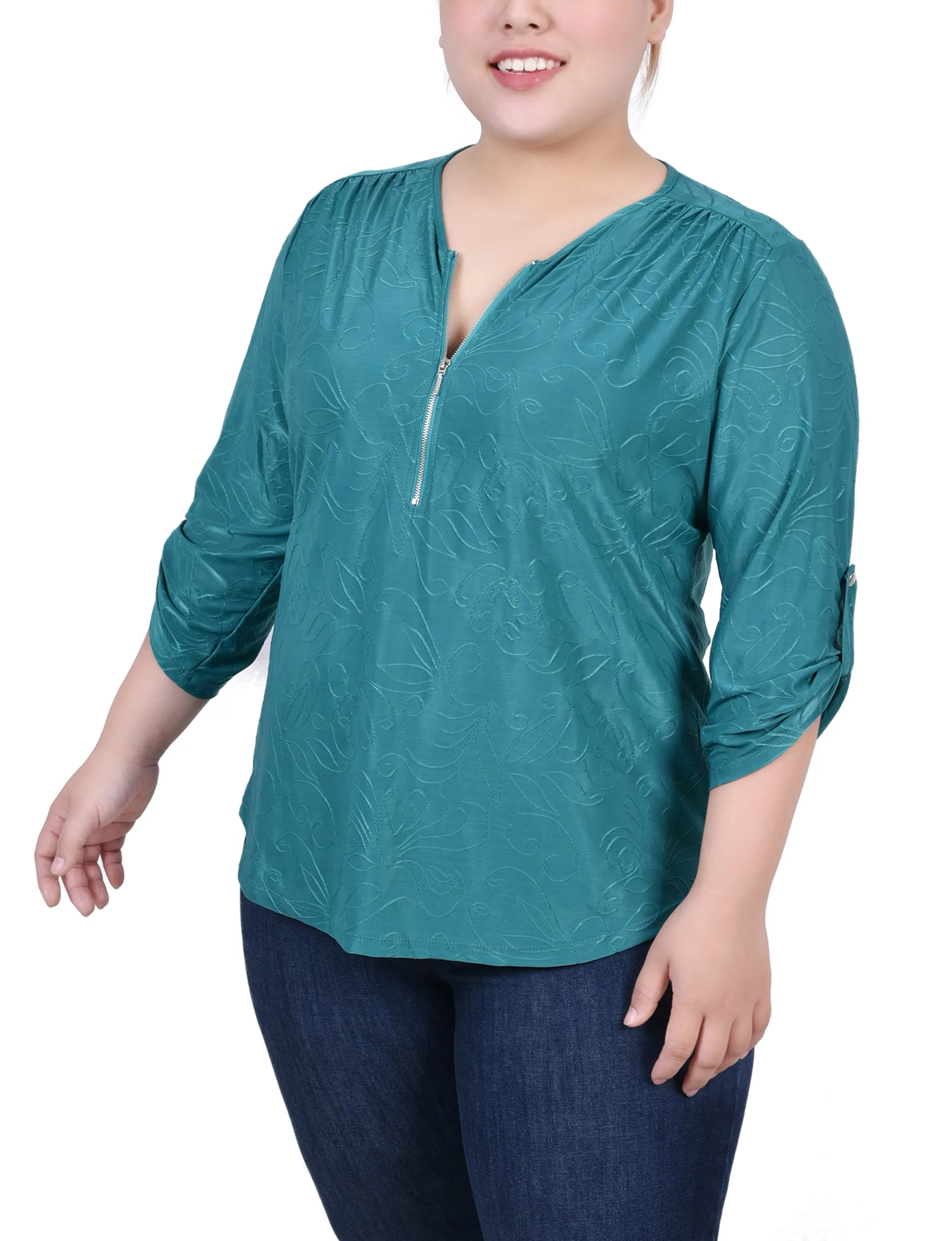 ZeroWaste Construction Plus Size 3/4 Roll Tab Zip Front Jacquard Knit Top