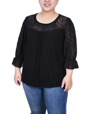 Plus Size 3/4 Sleeve Crepe Top With Embroidered Mesh Yoke And Sleeves Brushed Interior