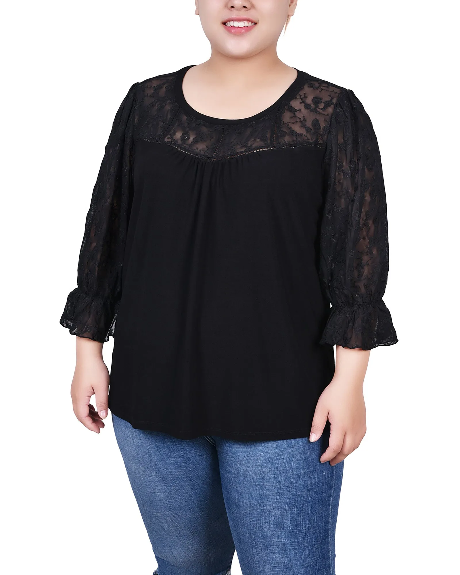 Plus Size 3/4 Sleeve Crepe Top With Embroidered Mesh Yoke And Sleeves Durable Blend StretchTechnology