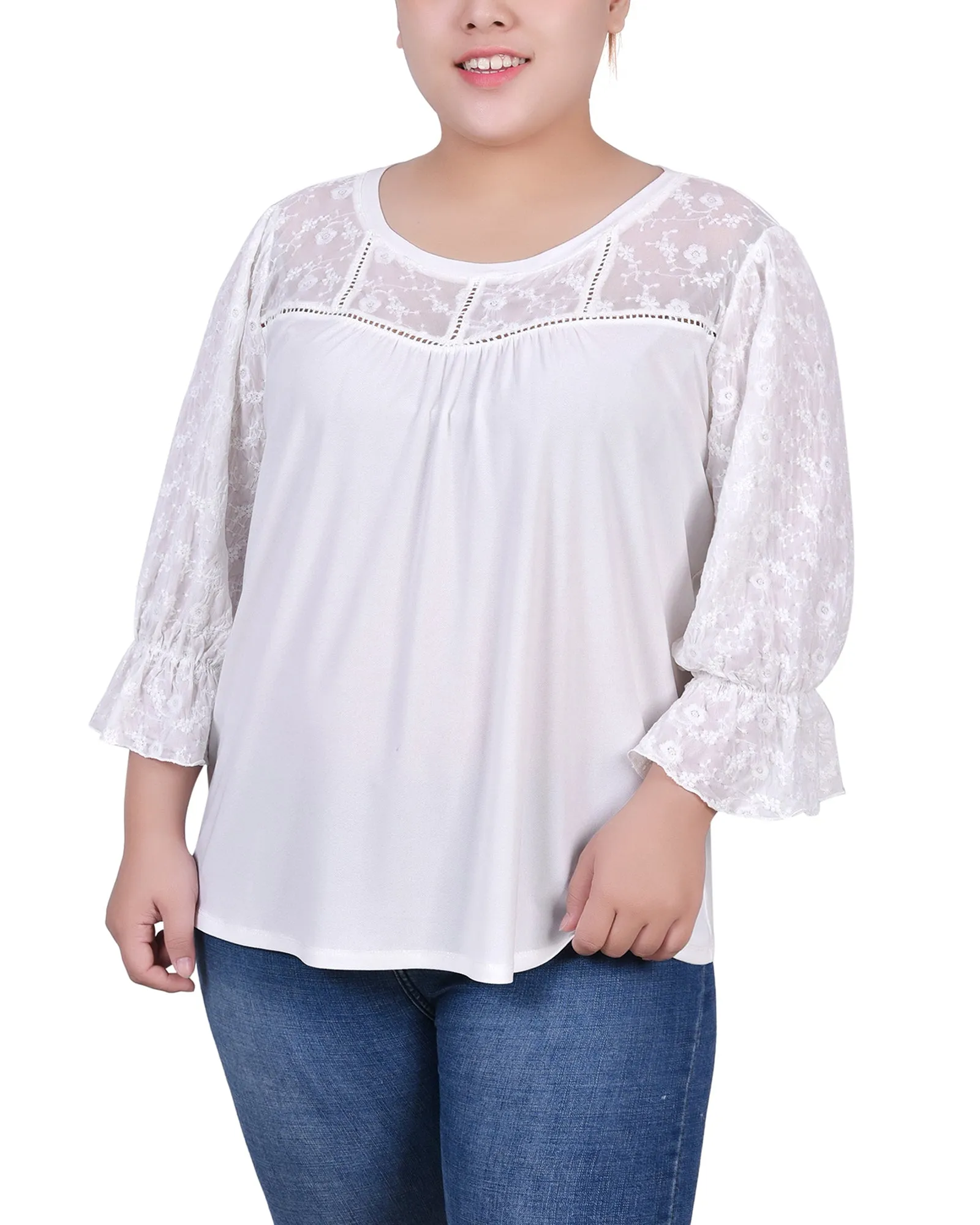 Plus Size 3/4 Sleeve Crepe Top With Embroidered Mesh Yoke And Sleeves Long Sleeve Shirt Simple Shirt