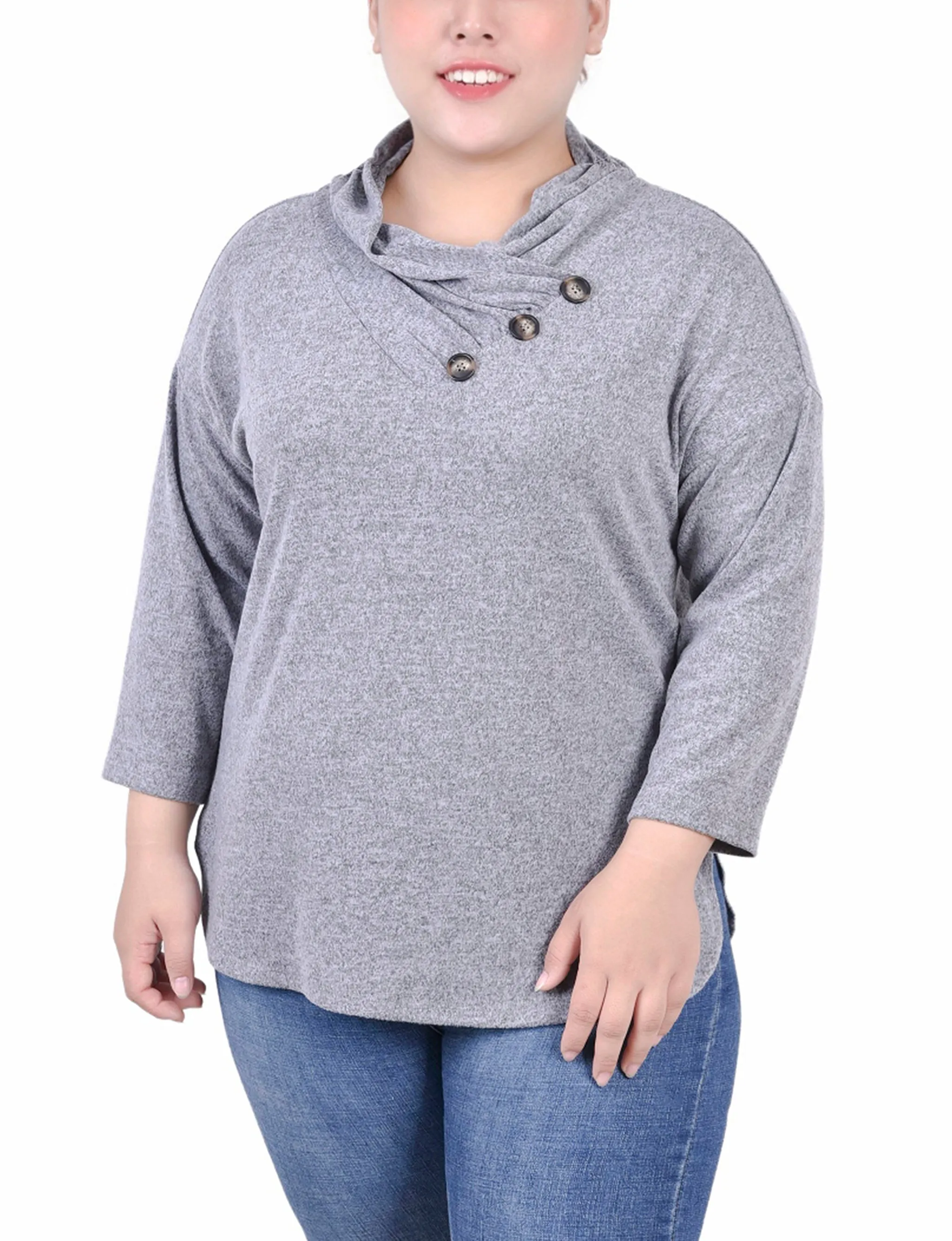 Double Needle Hemming ReinforcedHems Plus Size 3/4 Sleeve Crossover Cowl Neck Top