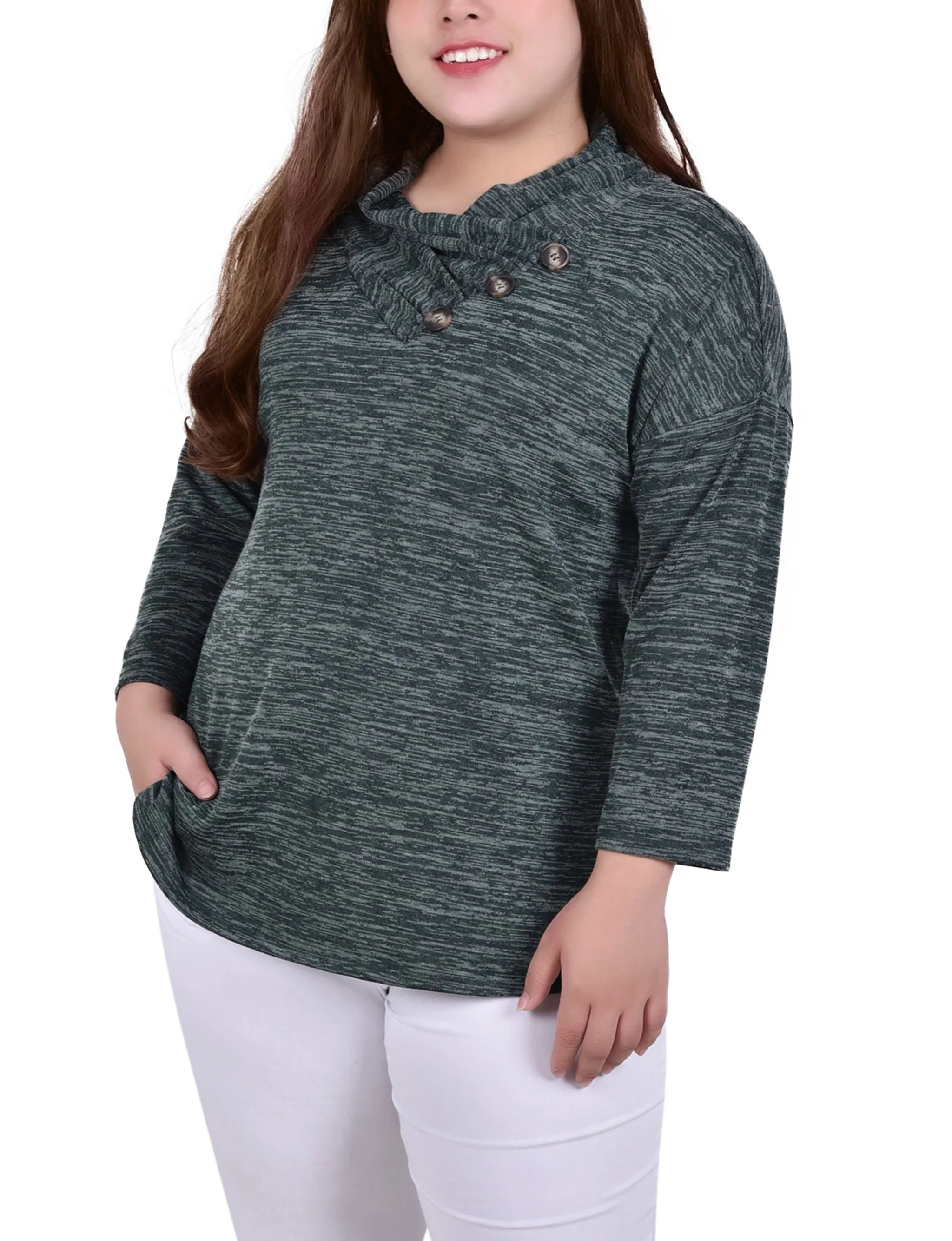 Plus Size 3/4 Sleeve Crossover Cowl Neck Top LowImpact Manufacturing