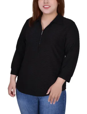 Fashion Statement LatticeKnit Plus Size 3/4 Sleeve Honeycomb Half Zip Collared Top