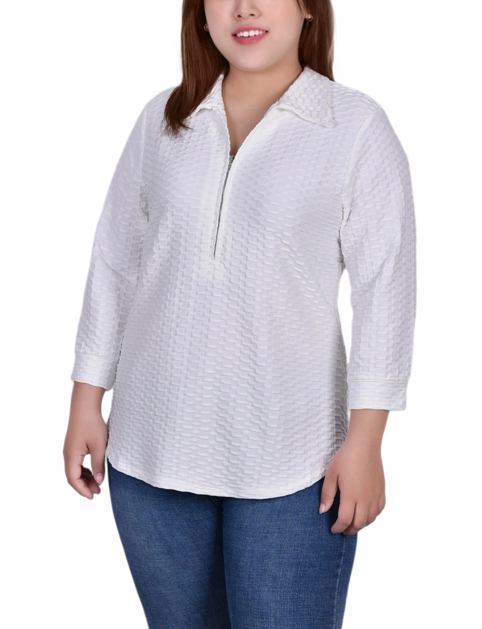 Street Style Plus Size 3/4 Sleeve Honeycomb Half Zip Collared Top