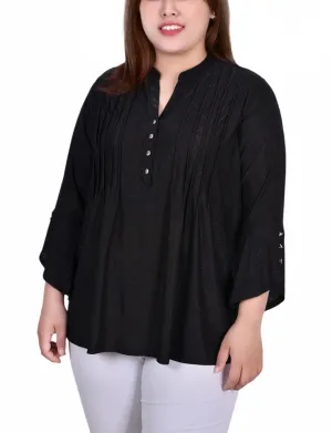 Self Fabric Tie Plus Size 3/4 Sleeve Overlapped Bell Sleeve Y Neck Top