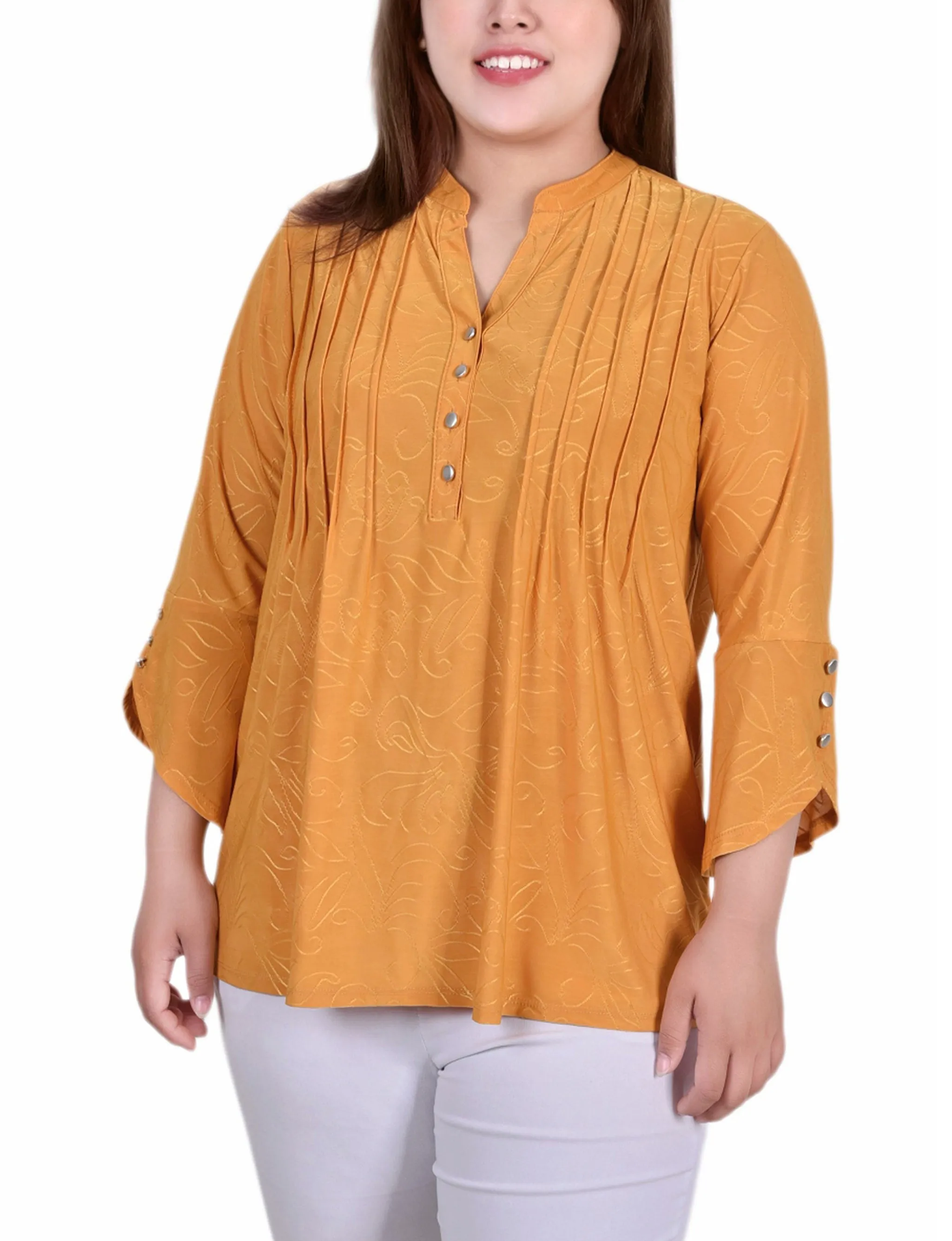 Textured Fabric Finish Tear Resistant Reinforcement Plus Size 3/4 Sleeve Overlapped Bell Sleeve Y Neck Top