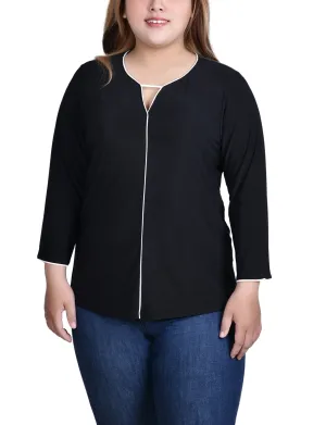 Plus Size 3/4 Sleeve Piped Top Durable Chainstitch