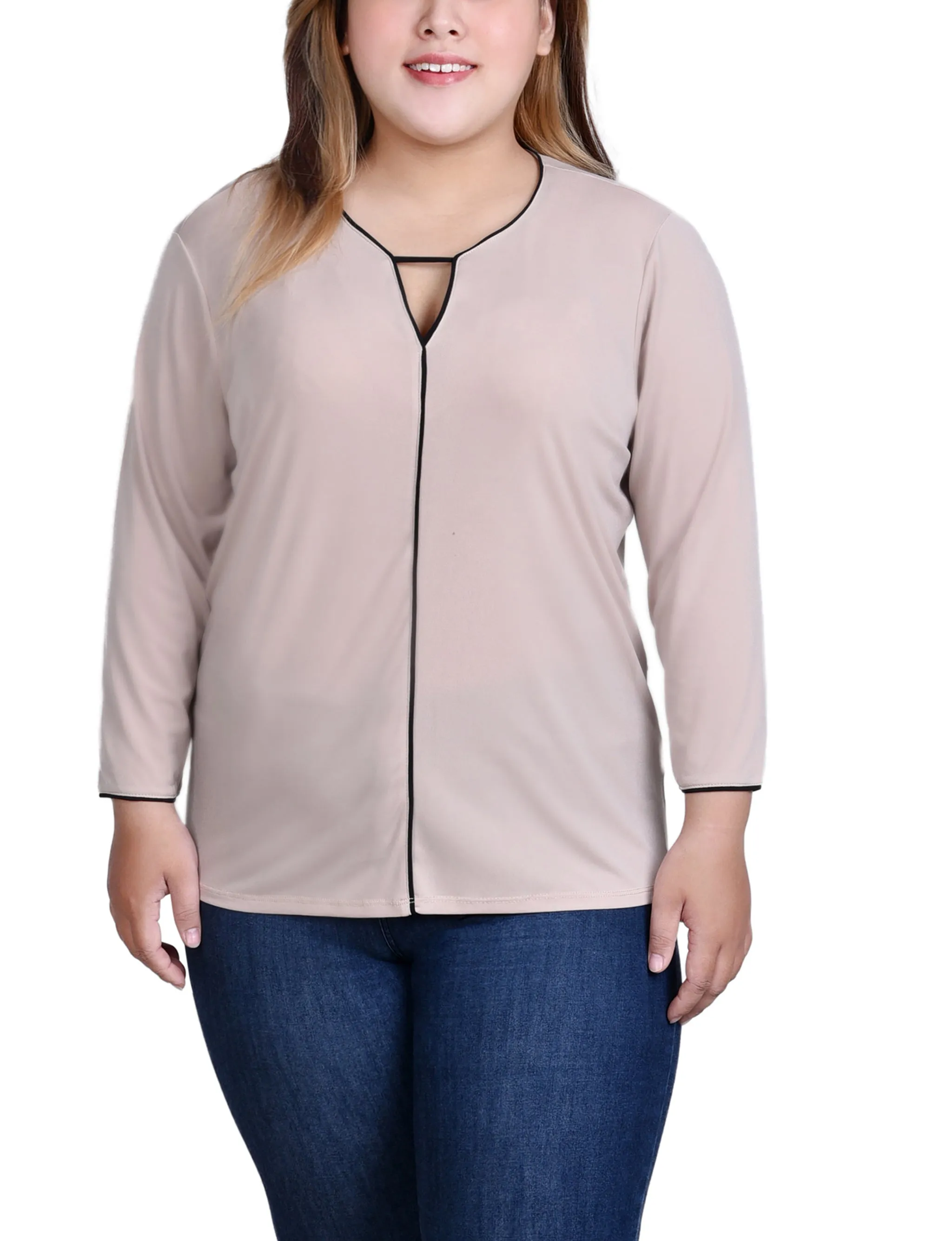 Plus Size 3/4 Sleeve Piped Top DoubleStitched Hemming