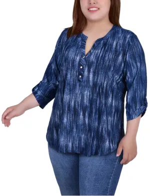 VentedBack TearResistant Plus Size 3/4 Sleeve Roll Tab Y Neck Pullover Top