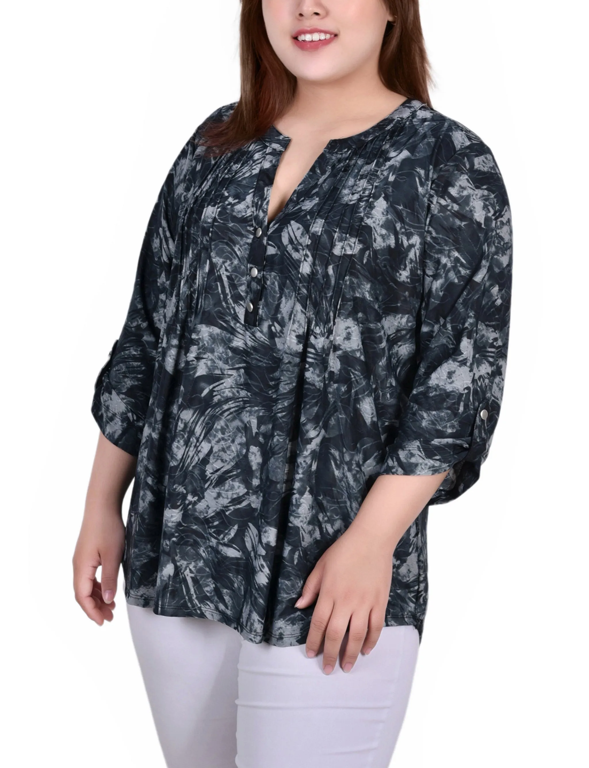 Plus Size 3/4 Sleeve Roll Tab Y Neck Pullover Top SoftTouch Easycare