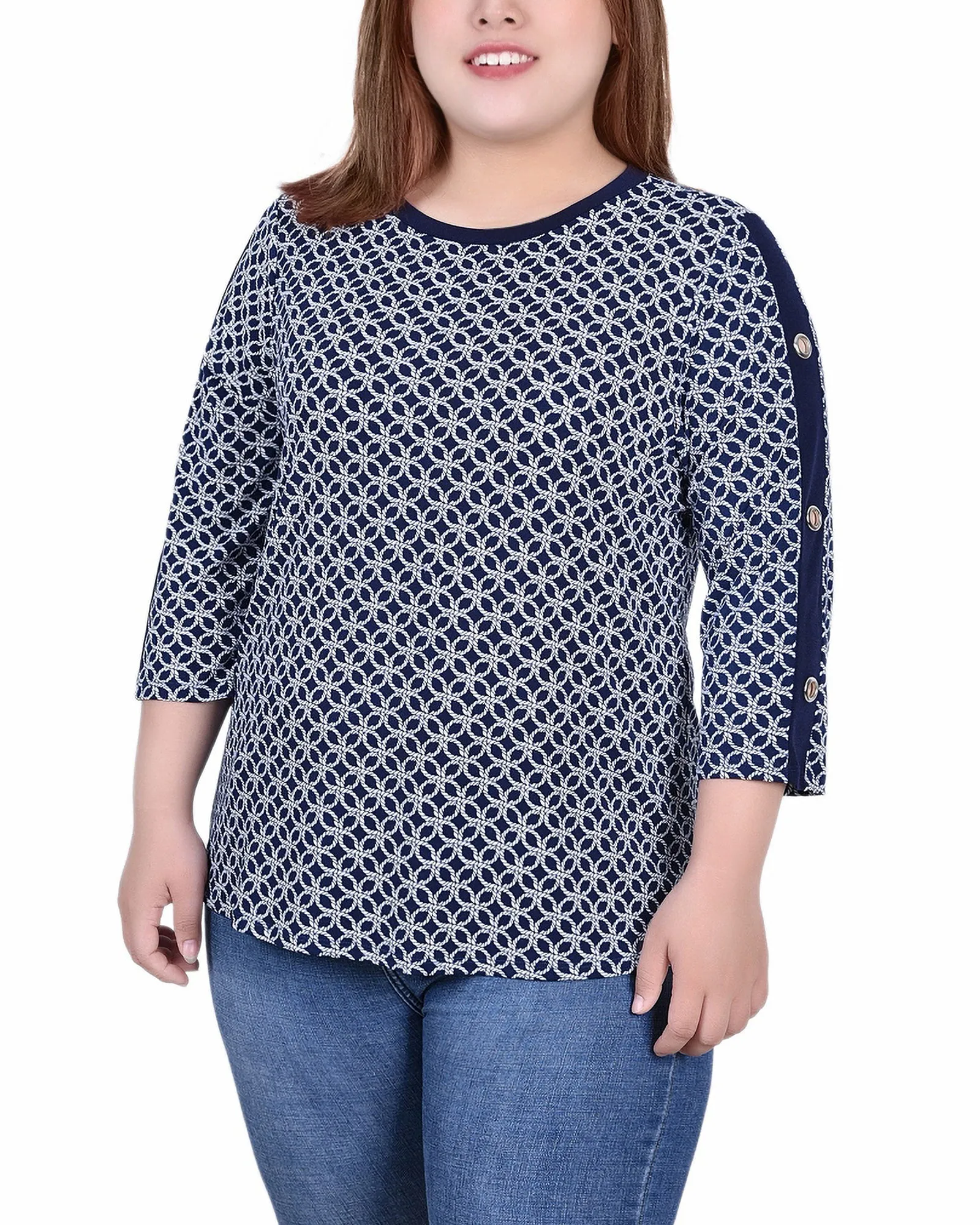 Plus Size 3/4 Sleeve Top With Combo Bands and Grommets Textured Fabric Finish Easy to Wear