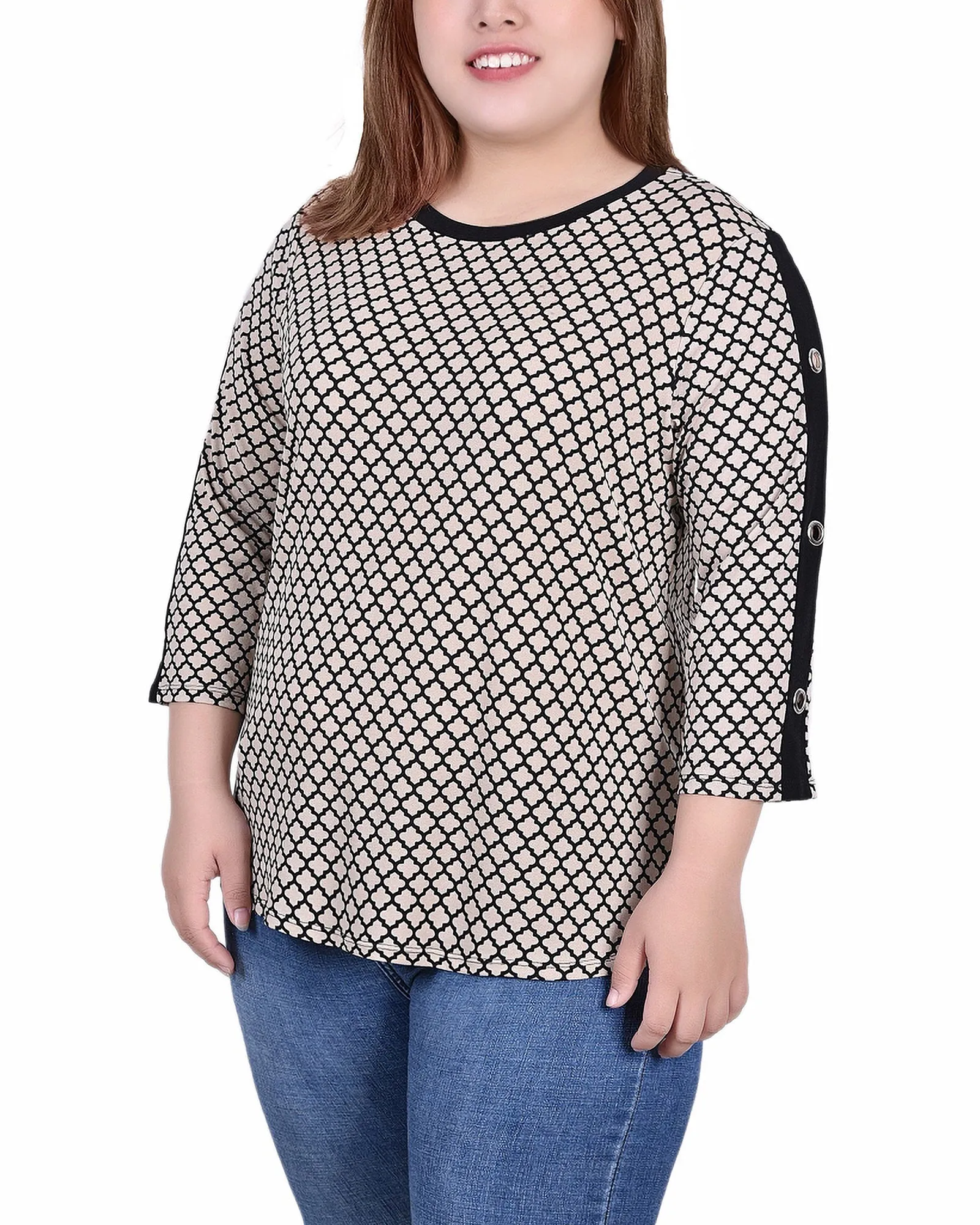 Plus Size 3/4 Sleeve Top With Combo Bands and Grommets ComfortStretch Easy Care Material