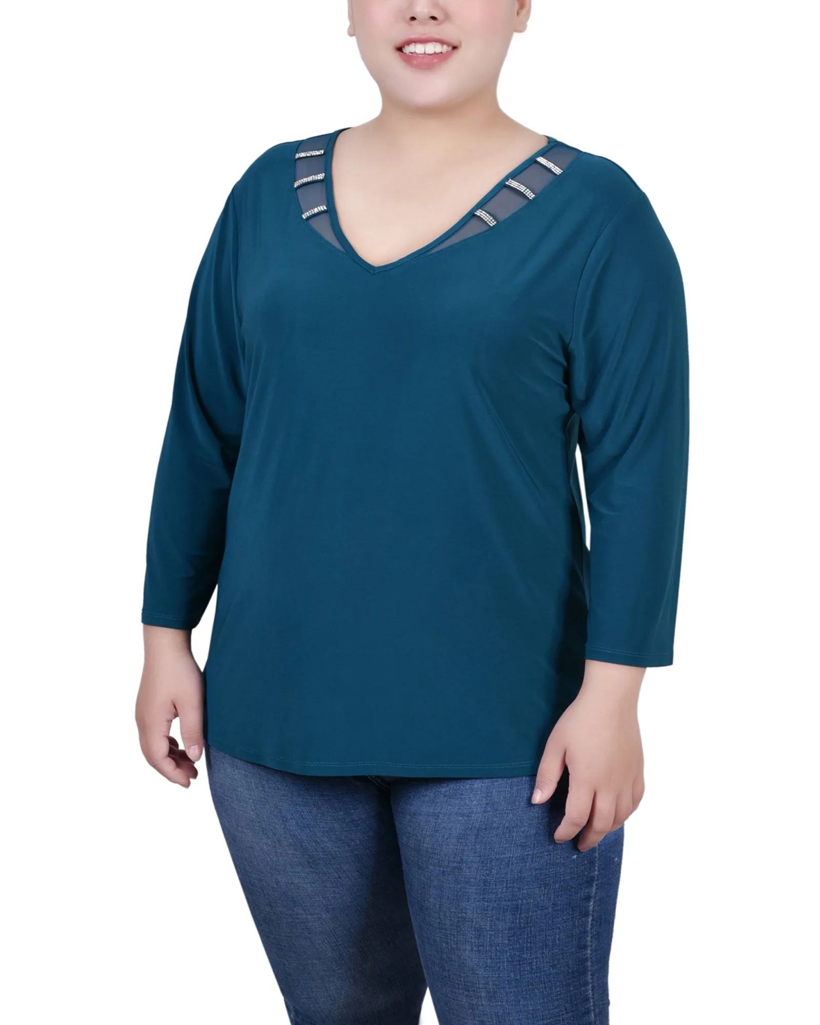 Flatlock stitching Plus Size 3/4 Sleeve Top With Illusion Neckline and Stones
