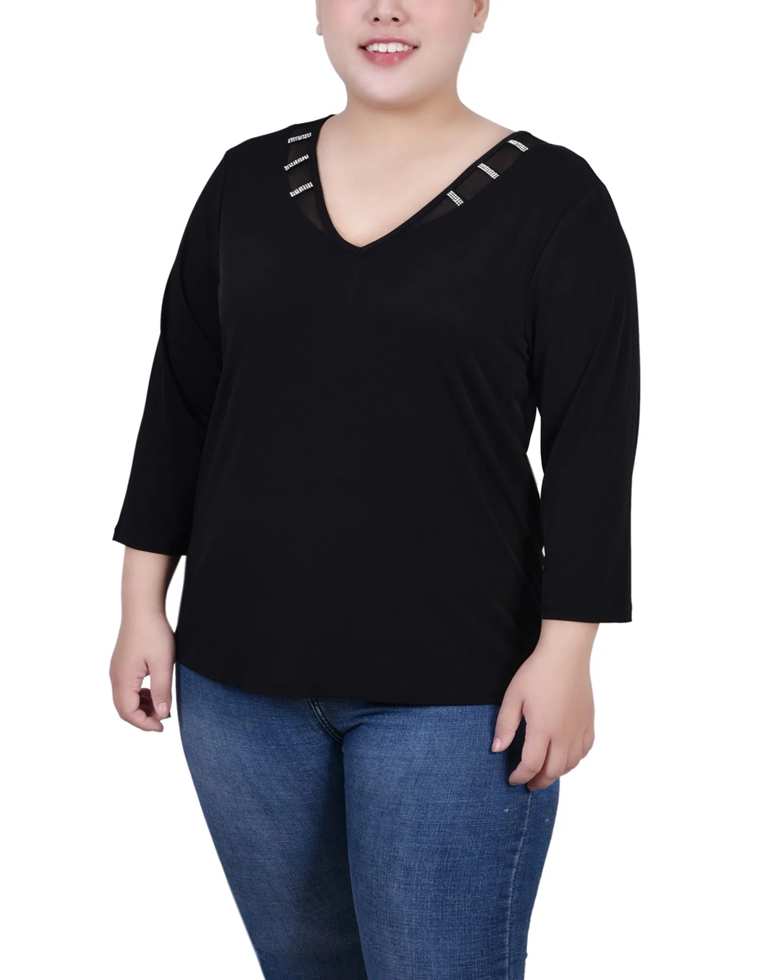 Interlock Weave WrinkleResistant Fabric Plus Size 3/4 Sleeve Top With Illusion Neckline and Stones