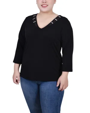 Moisture Control Technology Plus Size 3/4 Sleeve Top With Illusion Neckline and Stones