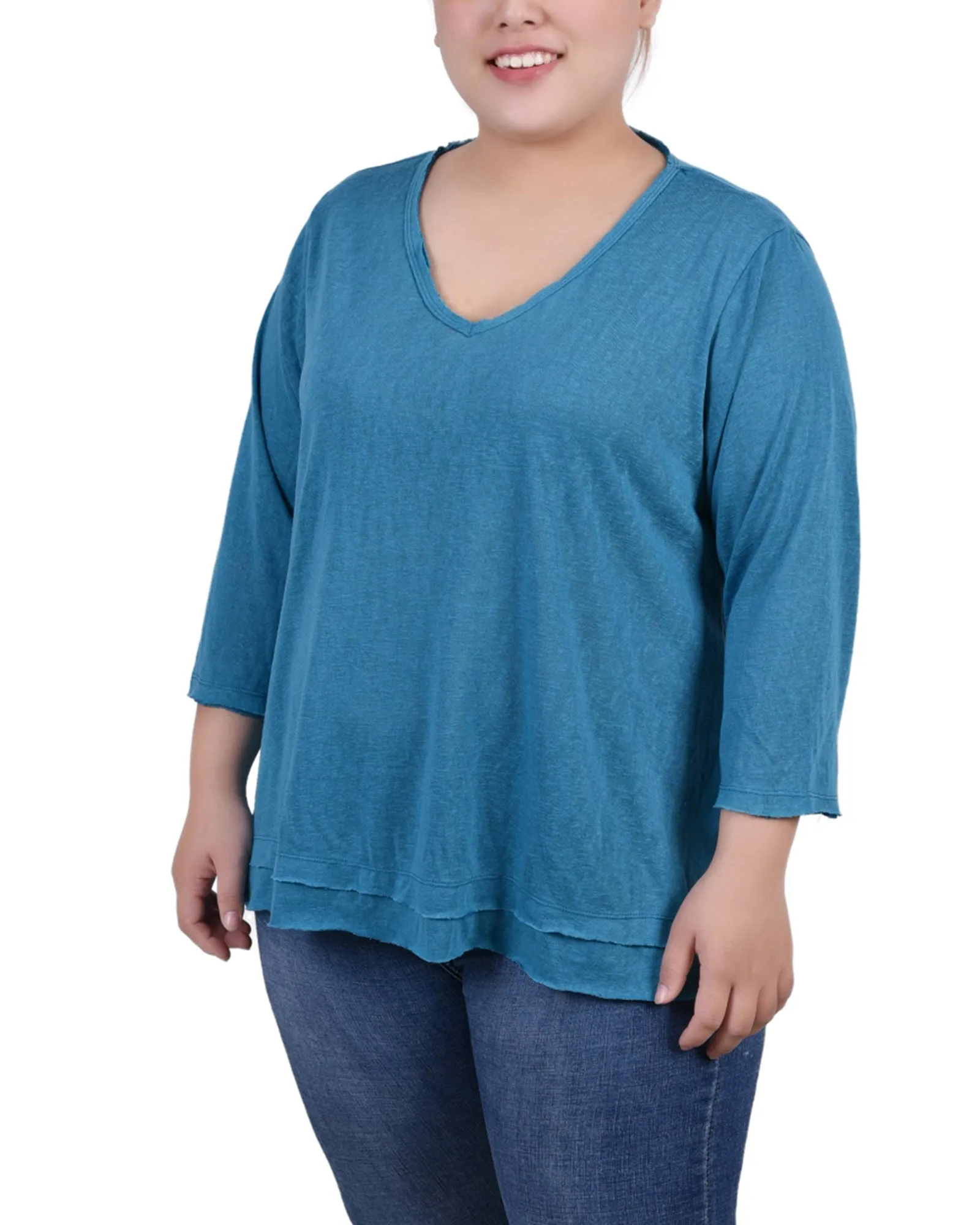 Ergonomic Pattern Design Reflective Trims Plus Size 3/4 Sleeve V Neck Top