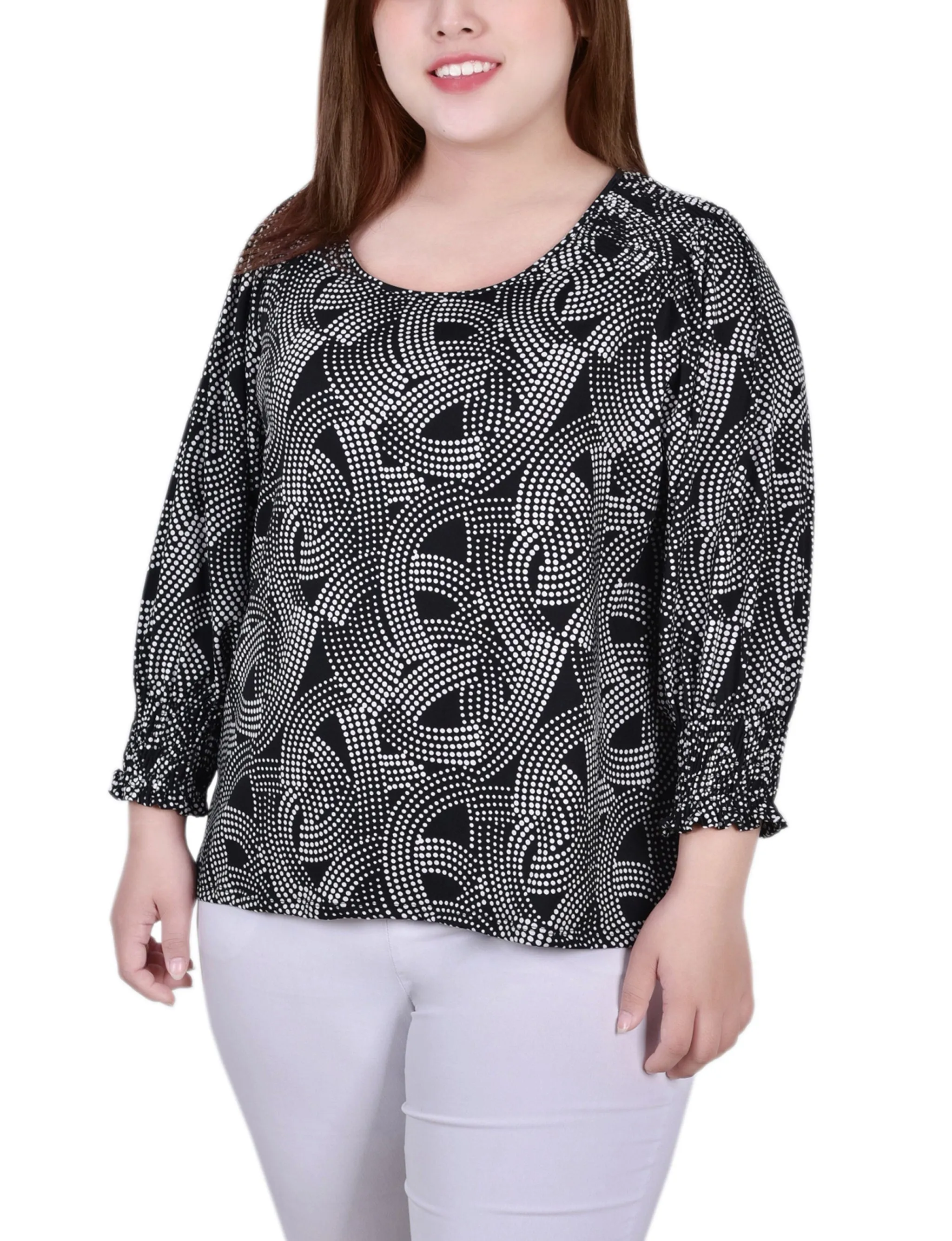 Flatlock Seam Technique DoubleLayeredShoulders Plus Size 3/4 Smocked Detail Top