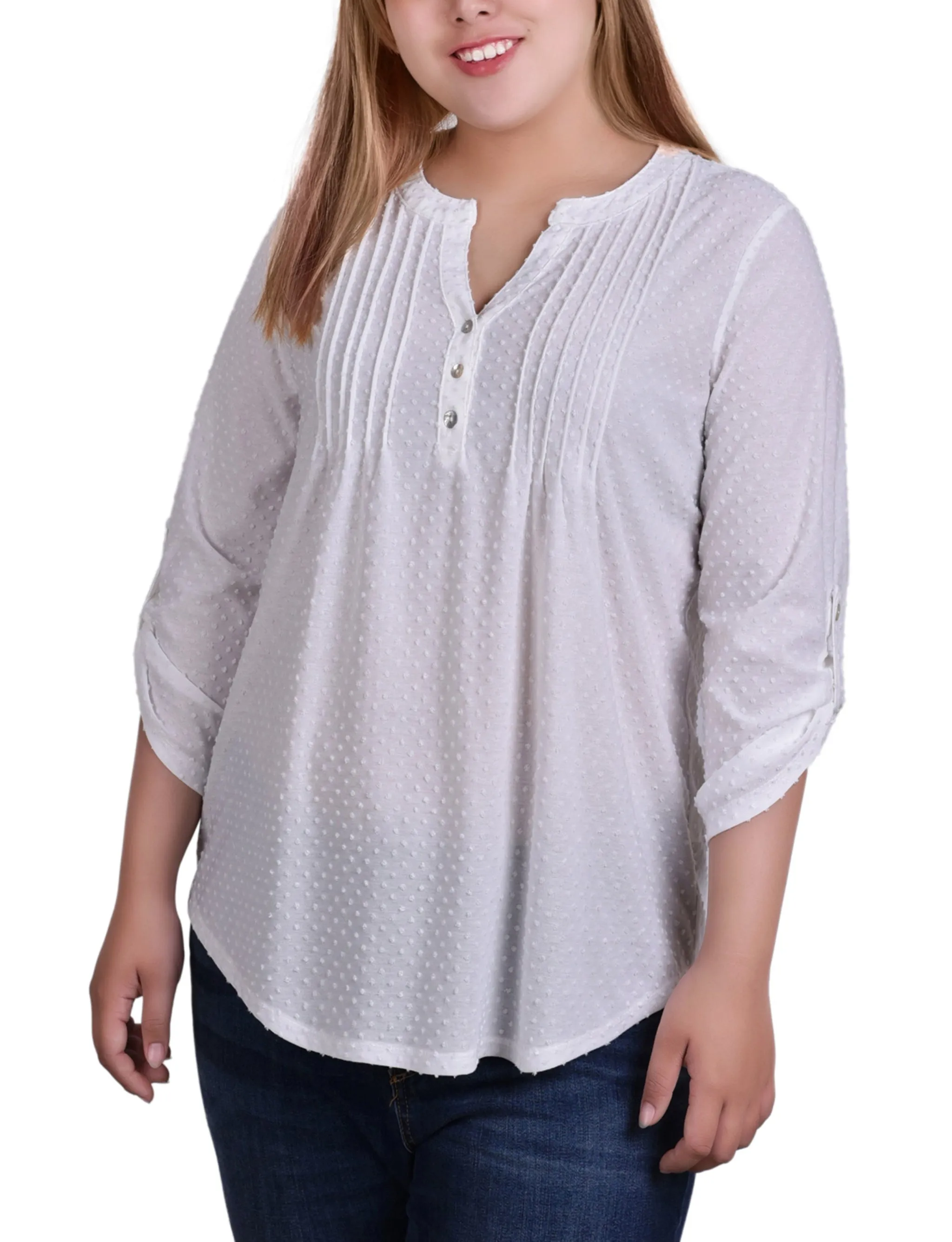 Contrast Stitch Accent Adaptive Waistband Plus Size 3/4 Tab Sleeve Y Neck Top