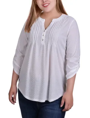 Plus Size 3/4 Tab Sleeve Y Neck Top ErgonomicSleeves Ribbed Trim Details