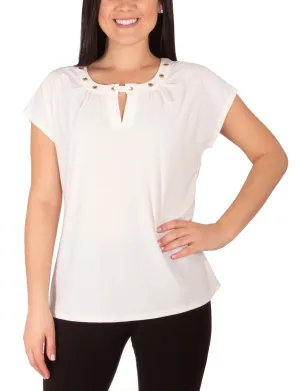Plus Size Cap Sleeve Top With Grommet Details And Keyhole Tailored Silhouette