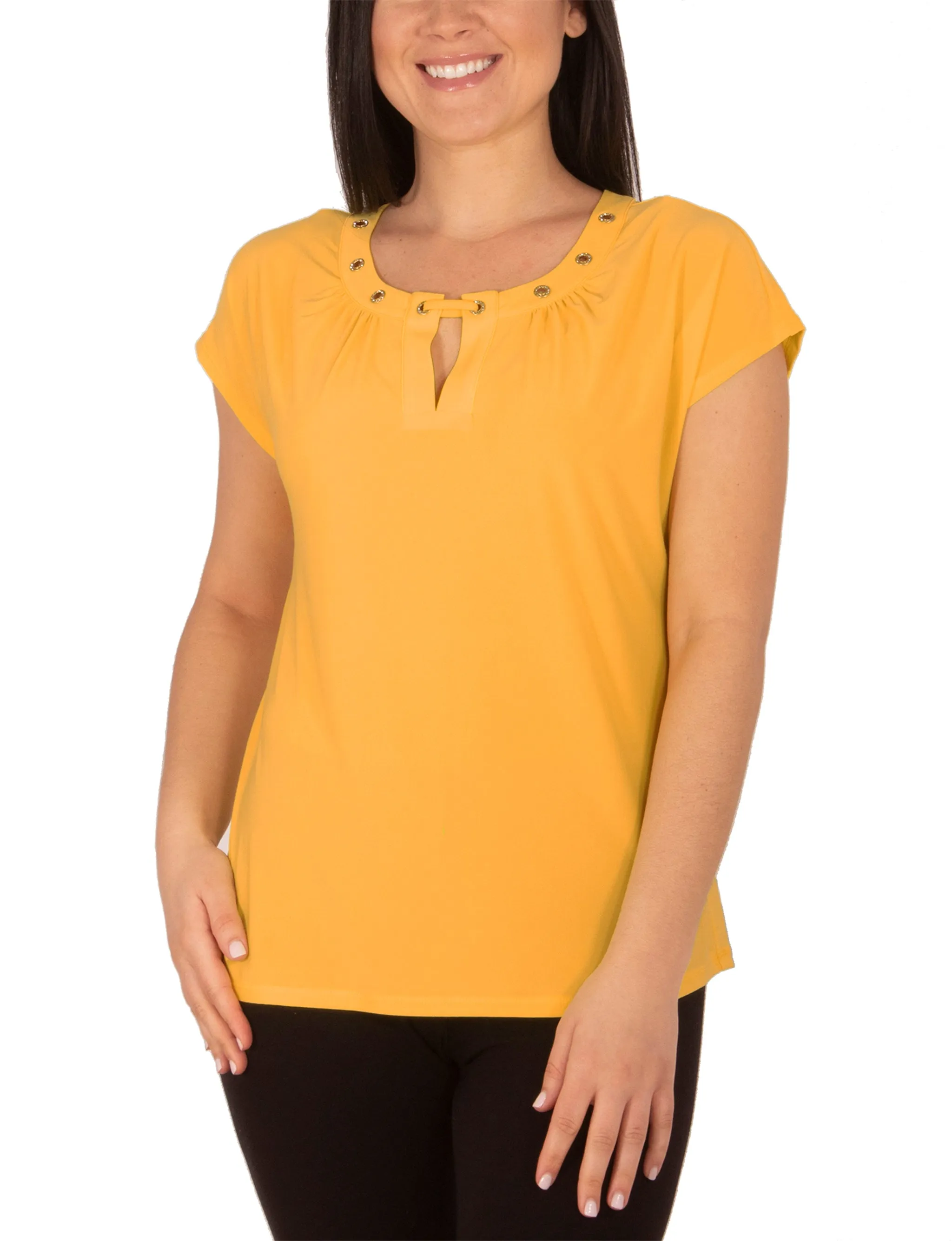 Unstructured Fit Asymmetrical hem Plus Size Cap Sleeve Top With Grommet Details And Keyhole