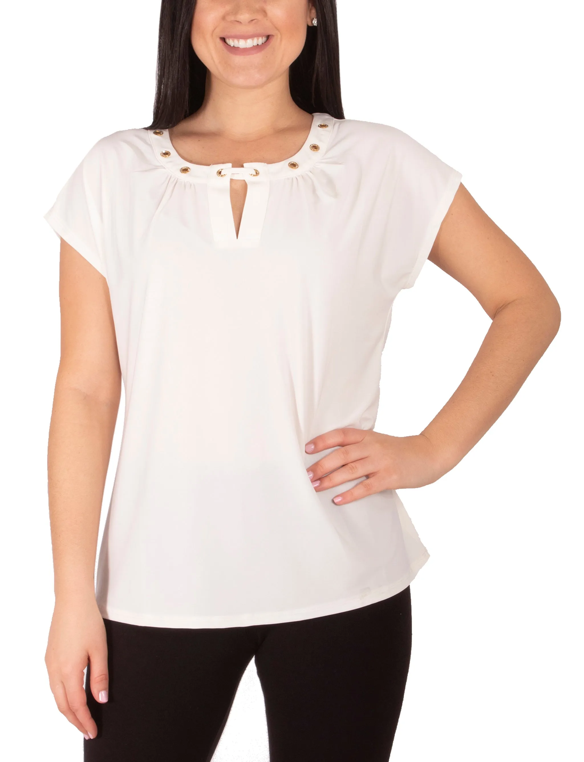 Plus Size Cap Sleeve Top With Grommet Details And Keyhole Butter Soft Handfeel Cozy Sweatshirt