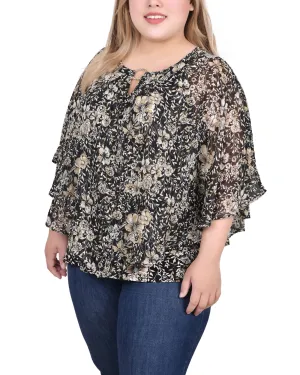 Breathable Mesh Back Reinforced Seams Plus Size Chiffon Poncho Top With Ring