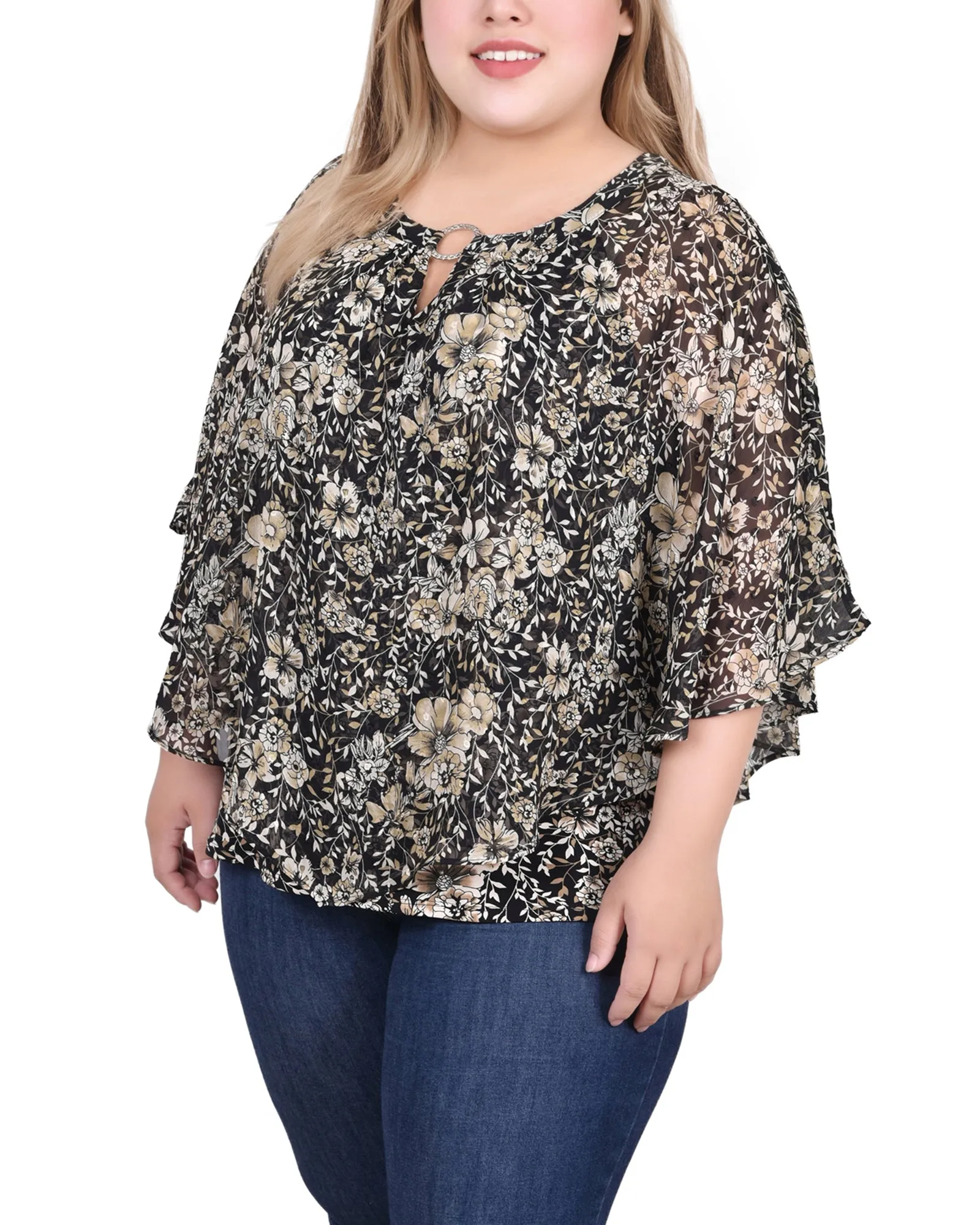 Plus Size Chiffon Poncho Top With Ring CrossGrain Fabric Self Fabric Tie