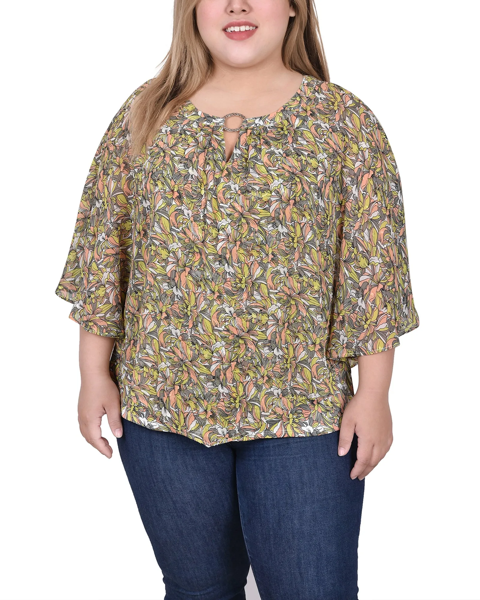 Plus Size Chiffon Poncho Top With Ring Thermoregulating Fabric