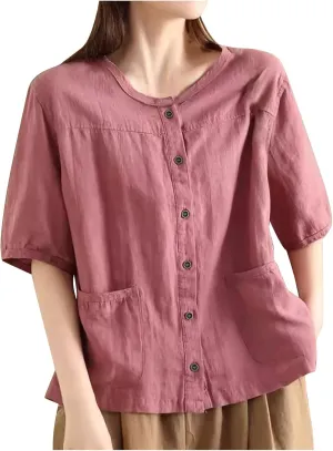 Plus Size Cotton Linen Shirts for Women 2025 Summer Short Sleeve Crew Neck Button Tops Vintage Loose Tee Blouse