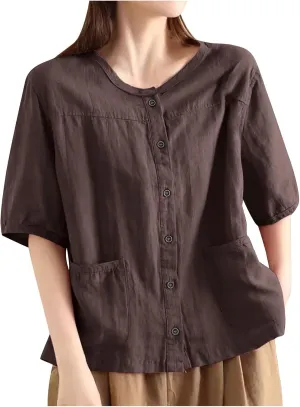 Plus Size Cotton Linen Shirts for Women 2025 Summer Short Sleeve Crew Neck Button Tops Vintage Loose Tee Blouse