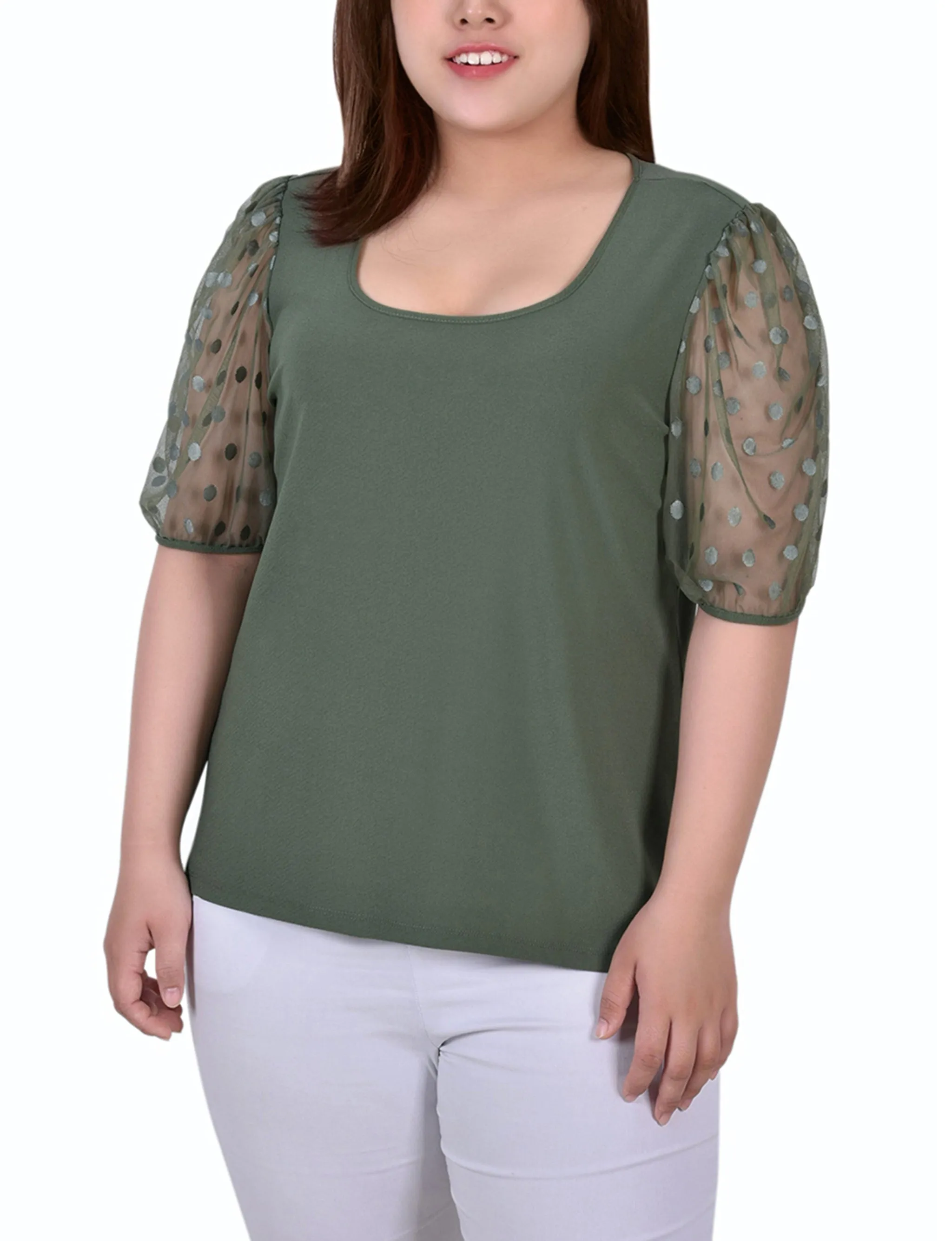 Breathable Mesh Insert AthleisureCompatible Plus Size Elbow Sleeve Crepe Top With Mesh Dotted Sleeves
