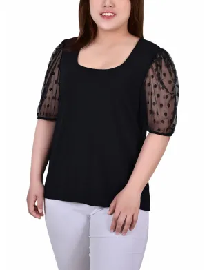 Plus Size Elbow Sleeve Crepe Top With Mesh Dotted Sleeves Printed top