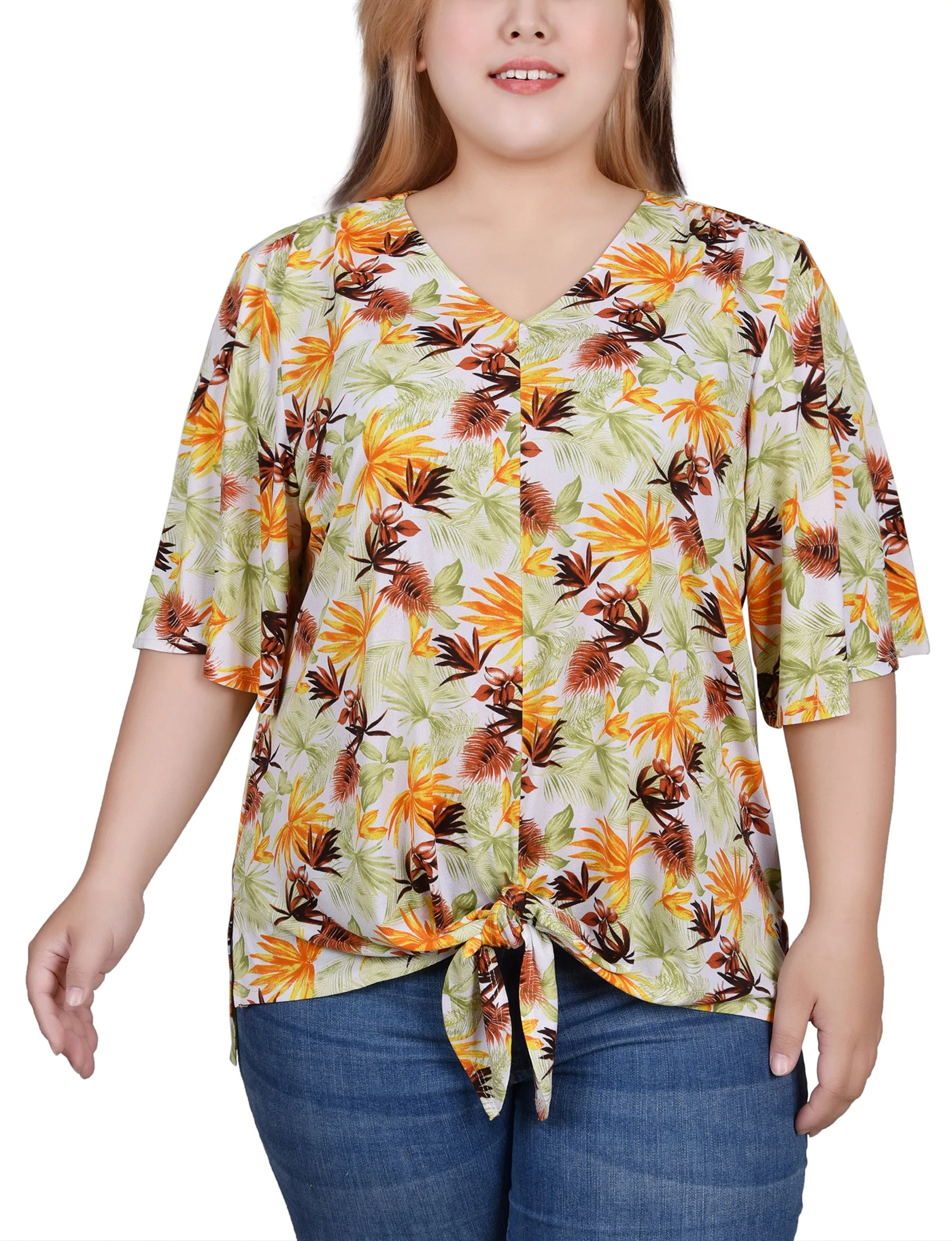 Plus Size Elbow Sleeve Tie-Front Top QuickDry Texture