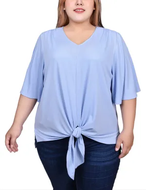 NonRestrictive Fit Daily Wear Plus Size Elbow Sleeve Tie-Front Top
