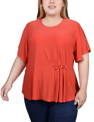 AbrasionResistant Fabric Plus Size Flutter Sleeve Flower-Detail Top