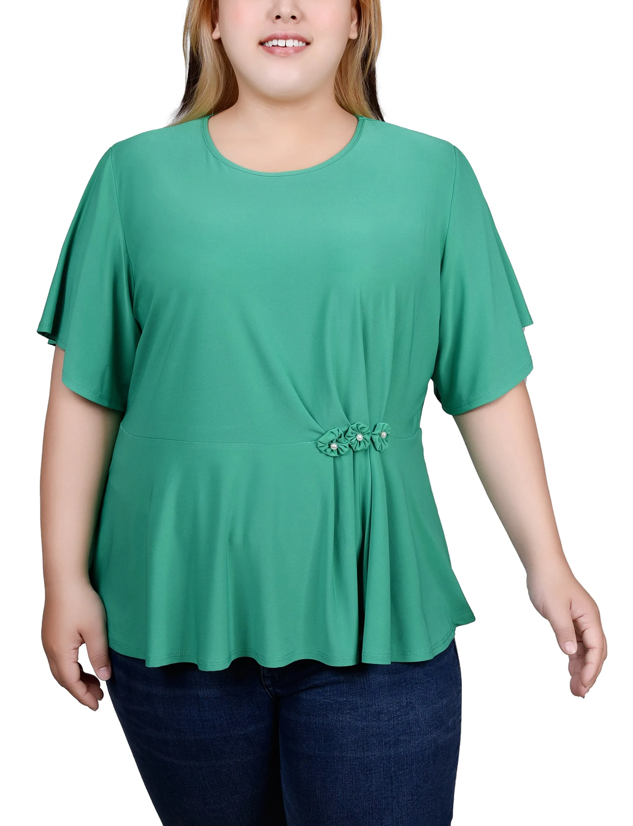 Plus Size Flutter Sleeve Flower-Detail Top OdorControl Technology LowProfileSeams